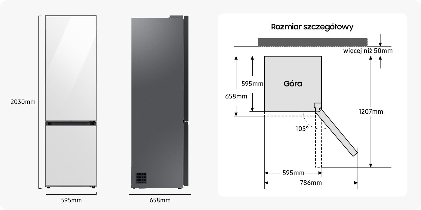 Obraz przedstawia lodówkę w kolorze białym i szarym z wymiarami 2030 mm wysokości, 595 mm szerokości i 658 mm głębokości. Po prawej stronie znajduje się schemat z wymiarami szczegółowymi, oznaczeniami \'Góra\' oraz kątem 105 stopni.
