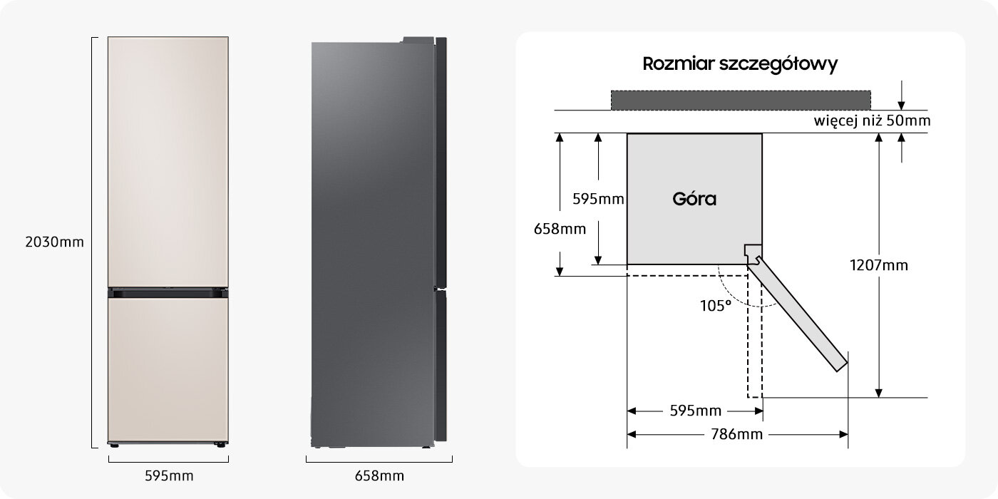 Rysunek techniczny pokazuje, ile miejsca potrzebujesz na lodówkę Samsung Bespoke RB38C7B5D39