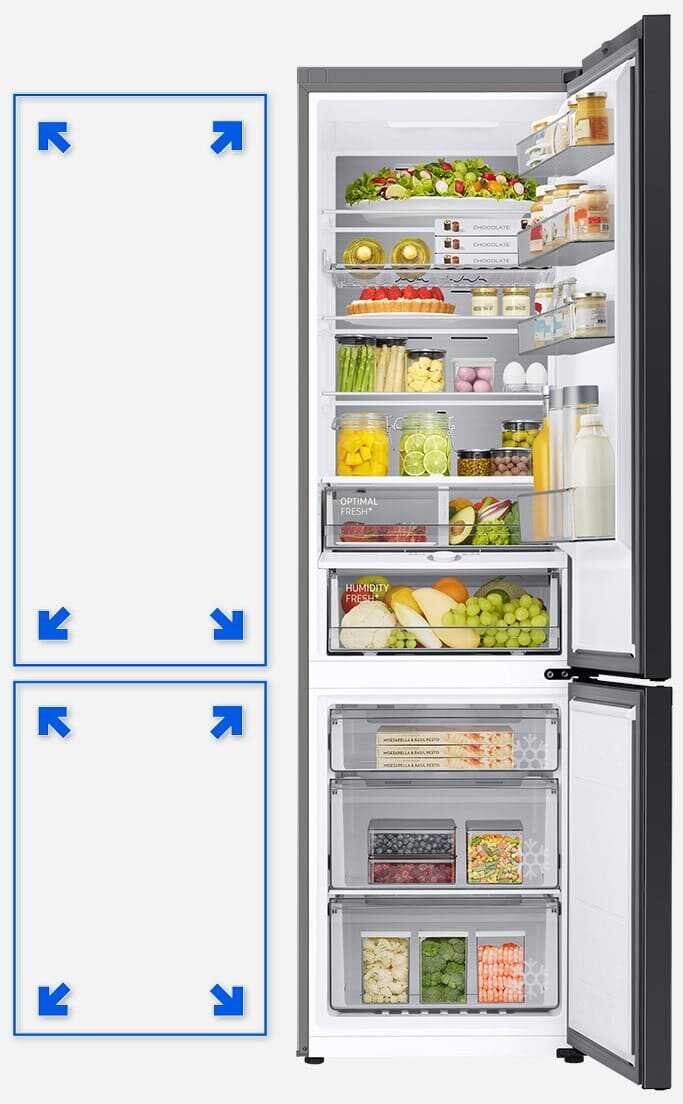 Grafika wyjaśnia w jaki sposób wnętrze chłodziarko-zamrażarki Samsung zwiększyło się dzięki zastosowaniu wydajnej izolacji SpaceMax™ Grafika wyjaśnia w jaki sposób wnętrze chłodziarko-zamrażarki Samsung zwiększyło się dzięki zastosowaniu wydajnej izolacji SpaceMax™