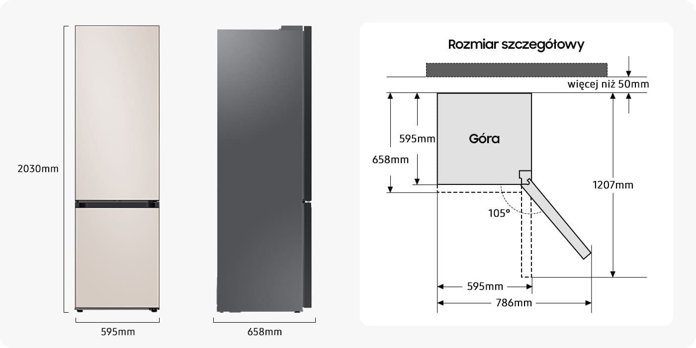 Rysunek techniczny pokazuje, ile miejsca potrzebujesz na lodówkę Samsung Bespoke RB38C7B5D39