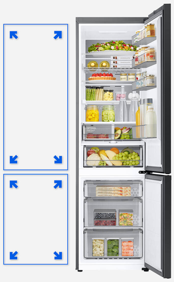Grafika pokazuje jak wzrosła pojemność w komorach lodówki Bespoke