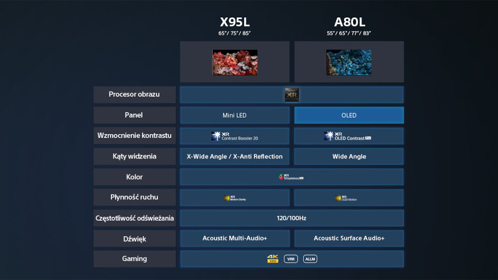 Telewizor SONY X95L - tabela