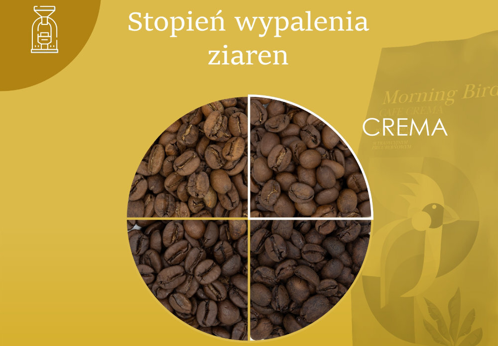 Kawa ziarnista MORNING BIRD Cafe Crema Arabica 1 kg (Rzemieślnicza) Ziarna prosto z Brazylii w brazylijskim Cerrado Ziarna Arabiki Owoce kawowca obróbki naturalnej  głębia smak aromat dwuetapowa selekcja