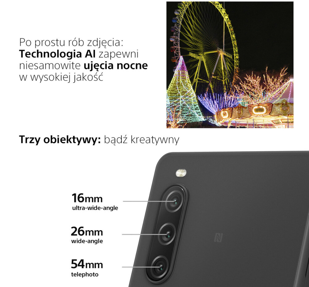 Smartfon SONY Xperia 10 V ekran bateria aparat procesor ram pamięć pojemność rozdzielczość zdjęcia filmy opis dane cechy blokady system łączność wifi bluetooth obudowa szkło odporność porty muzyka transfer sieć przekątna matryca waga czujniki