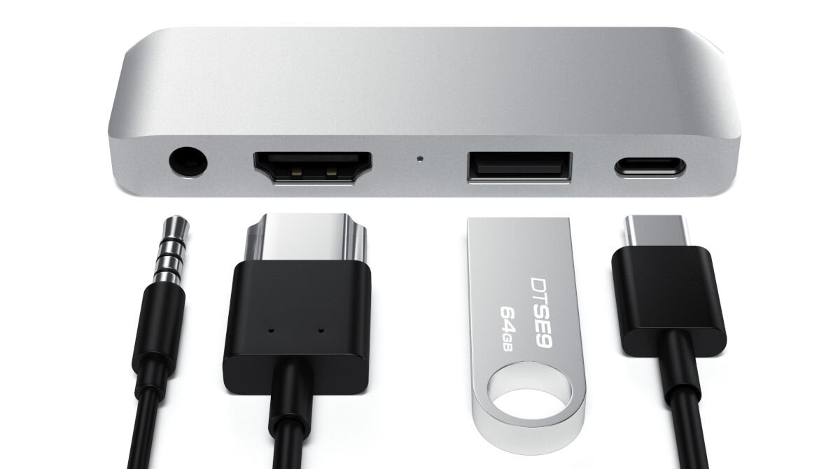 Hub SATECHI ST-TCMPHS Srebrny z myślą o iPad USB-C Power Delivery do 60 W HDMI złącze słuchawkowe 3,5 mm