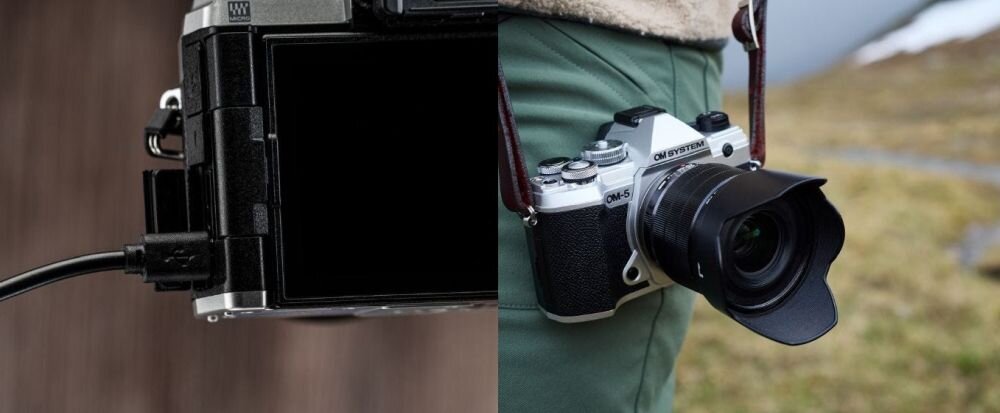 Aparat OLYMPUS OM-5    zdjęcia obiektyw ekran wizjer ogniskowa przysłona migawka obudowa bateria zasilanie filmy nagrywanie rozdzielczość matryca rozmiar przekątna tryby iso montaż lampa światło przyciski sterowanie menu kontrast jasność balans bieli filtry cmos karta pliki format zapis seria