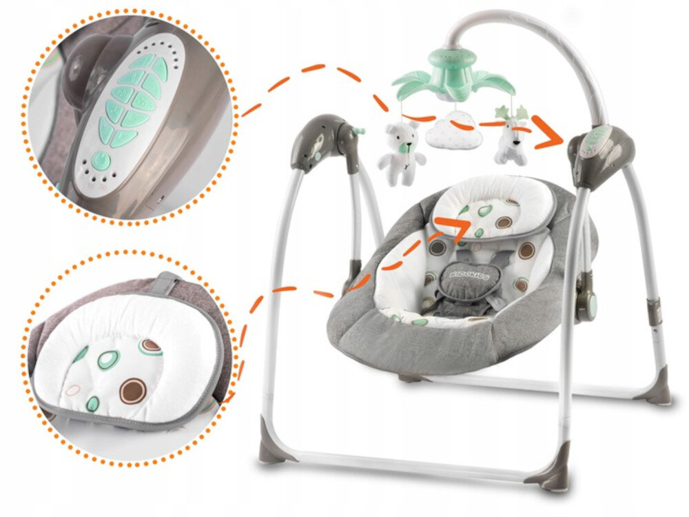 Lezaczek RICOKIDS 7322 Szary regulacja kata oparcia 8 predkosci bujania 12 kolysanek dzwieki natury spiew ptakow i szum morza