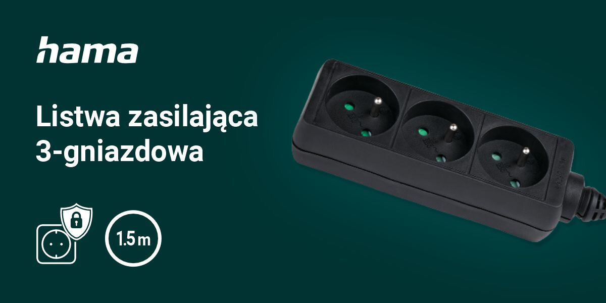 Listwa HAMA Standard 3GN (1.5 m) Czarny
wygodne zasilanie urządzeń, zielone tło, produkt, logo producenta, biały napis listwa zasilająca 3-gniazdowa