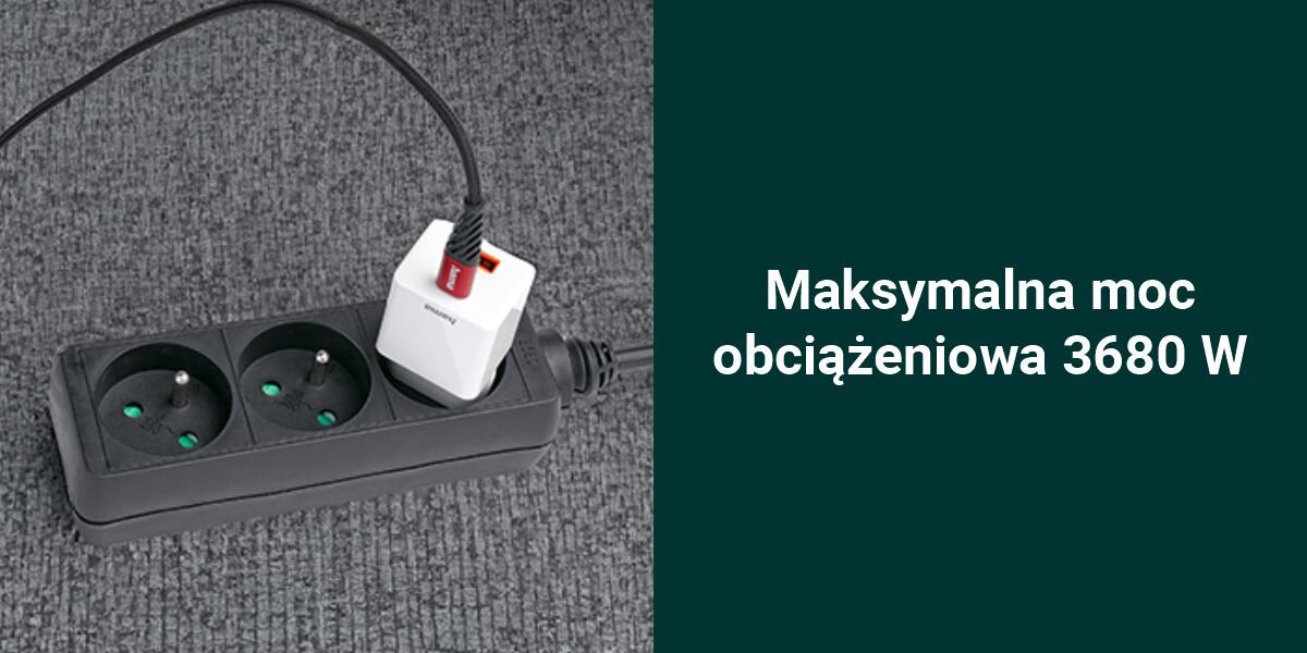 Listwa HAMA Standard 3GN (1.5 m) Czarny
wysoka moc, maksymalne obciążenie 3680 W, możliwość zasilania urządzeń o większym poborze mocy,
produkt z podłączoną ładowarką, zielone tło, biały napis Maksymalna moc obciążeniowa 3680 W