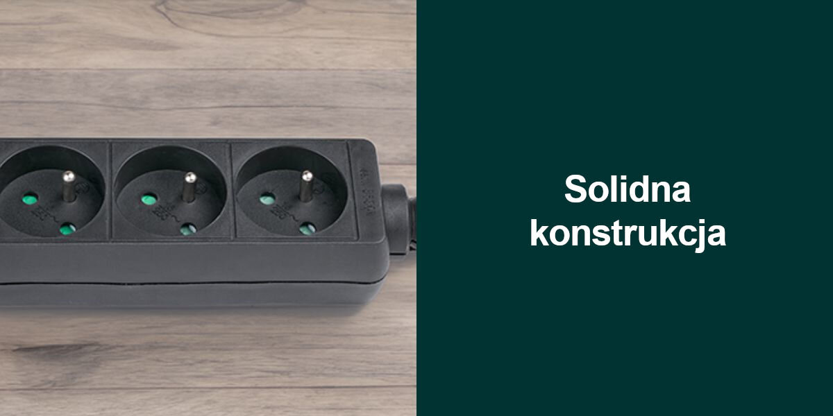 Listwa HAMA Standard 3GN (1.5 m) Czarny
solidna konstrukcja, wysokiej jakości przewód o długości 1,5 metra, wzmocnione styki, dodatkowo wzmocnione łączenia przewodu z listwą i wtyczką,
produkt na drewnianej powierzchni, zielone tło, biały napis solidna konstrukcja