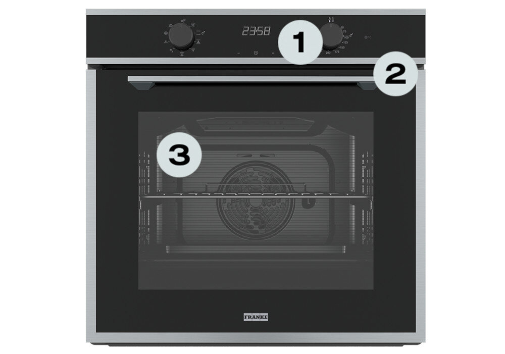 Piekarnik FRANKE Maris FMA 86 H XS Zdjęcie przedstawia piekarnik Franke z oznaczonymi trzema elementami: pokrętłami funkcji i temperatury oraz wnętrzem z wentylatorem. Numeracja wskazuje najważniejsze elementy obsługi urządzenia cyfrowy wyświetlacz stalowe detale piekarnik xxl kuchnia