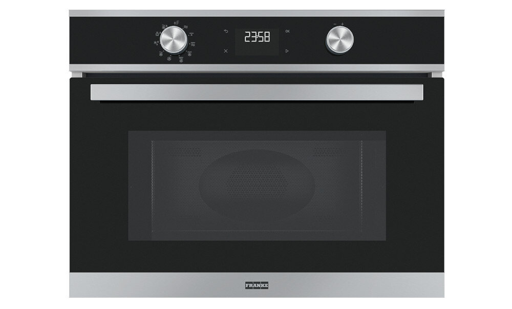 Piekarnik FRANKE FSM 45 MW XS Zdjęcie przedstawia piekarnik Franke z czarnym frontem, dużym przeszklonym oknem i srebrnym wykończeniem. Na górze znajdują się dwa pokrętła oraz wyświetlacz LED pokazujący aktualne ustawienia kuchnia serce domu inteligentne urządzenia gotowanie