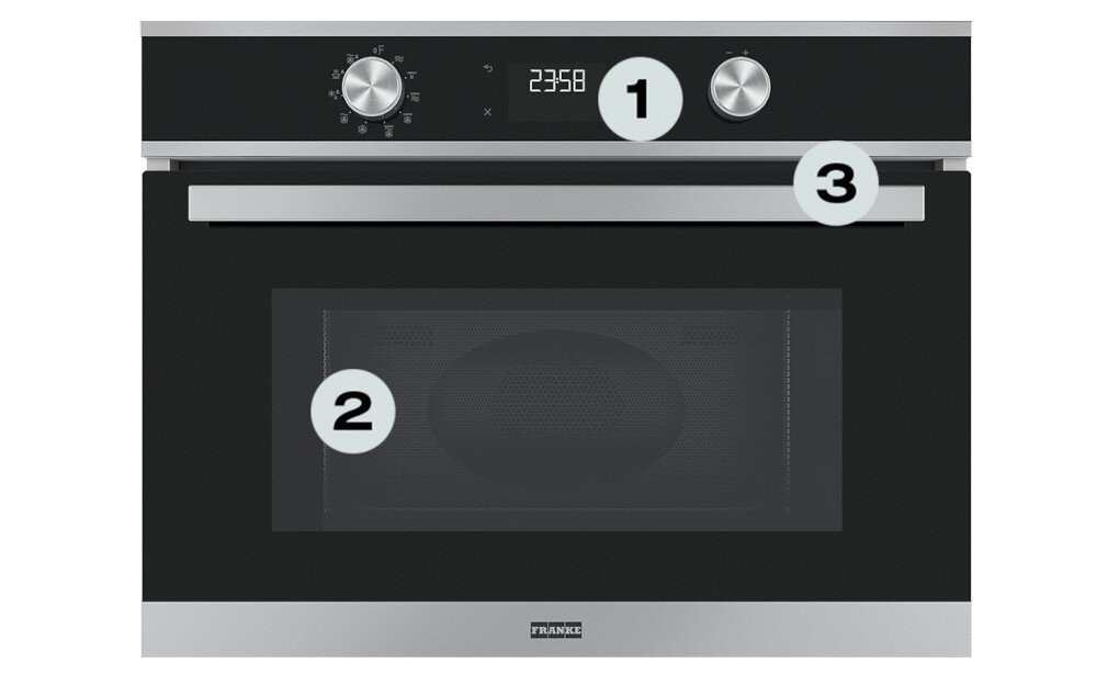 Piekarnik FRANKE FSM 45 MW XS Zdjęcie przedstawia piekarnik Franke z oznaczonymi trzema elementami: pokrętłami funkcji i temperatury oraz wnętrzem z wentylatorem. Numeracja wskazuje najważniejsze elementy obsługi urządzenia cyfrowy wyświetlacz stalowe detale piekarnik xxl kuchnia