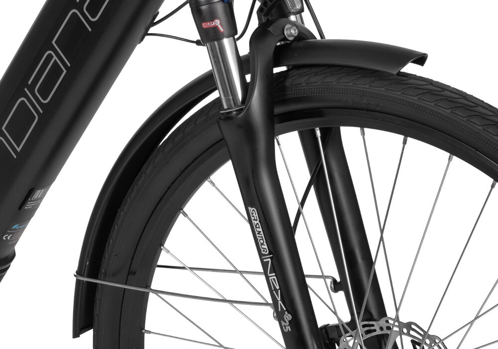 Rower elektryczny INDIANA E-Cruise D19 28 cali damski Czarny rower typu hardtail amortyzator przedni SUNTOUR typ NEX-E25 LO DS 700C niska masa roweru duża sztywność reglacja