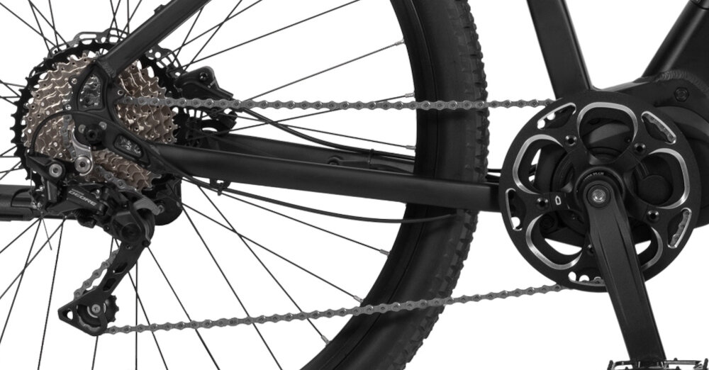 Rower elektryczny INDIANA E-Rock M21 29 cali męski Czarny manetki tylna przerzutka SHIMANO Deore lekkia niezawodna precyzyjna równomierna płynna łatwa zmiana przełożeń 10-rzędowy system