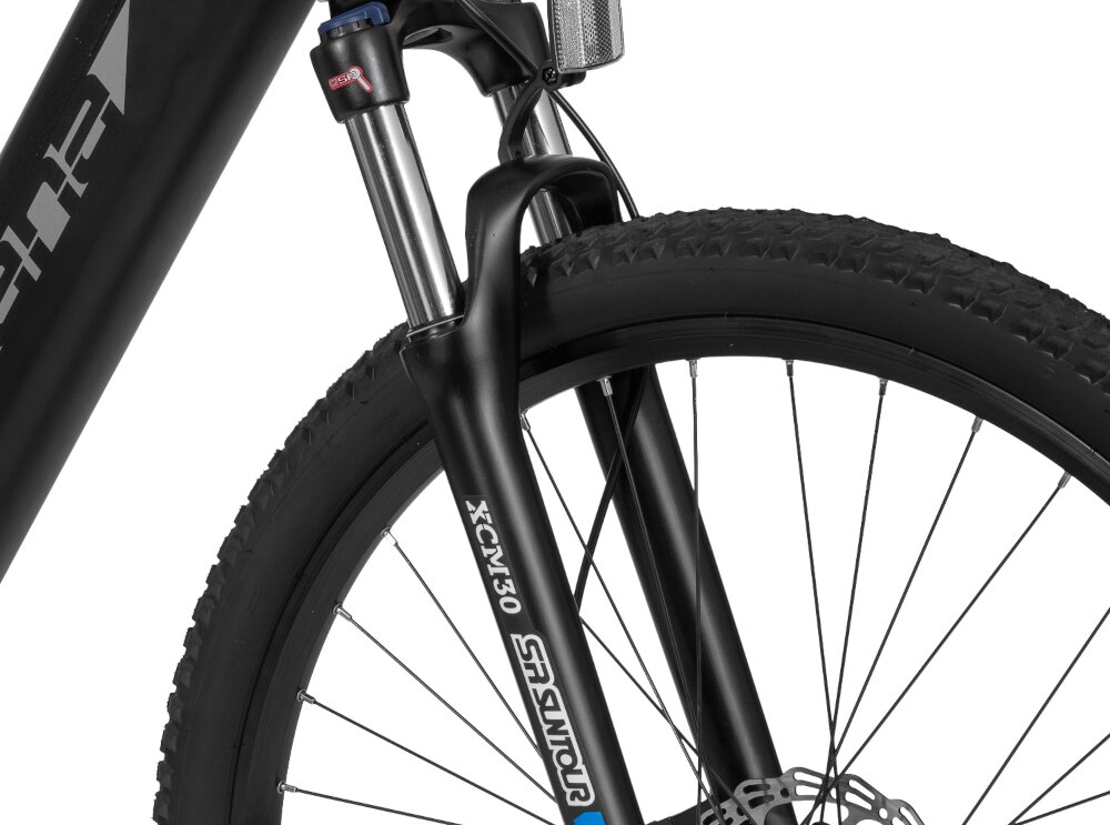 Rower elektryczny INDIANA E-Rock M21 29 cali męski Czarny rower typu hardtail amortyzator przedni SUNTOUR typ XCM HLO DS 29 skok 100mm stalowa sprężyna hydrauliczna blokada goleni amortyzacja wstrząsów niwelowanie nierówności niska masa roweru duża sztywność reglacja