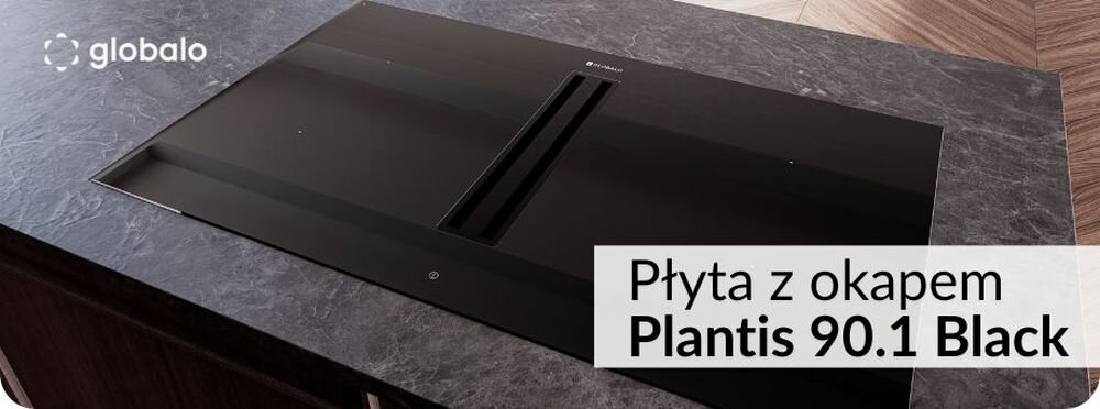 Płyta indukcyjna Globalo Plantis 90.1 Black Płyta indukcyjna z wbudowanym okapem zamontowana w ciemnym blacie kuchennym. W prawym dolnym rogu widoczny jest napis „Płyta z okapem Plantis 90.1 Black”