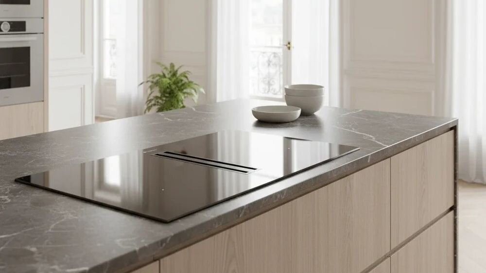 Płyta indukcyjna Globalo Plantis 90.1 Black na blacie kuchennym z ceramicznego kamienia ochrona przed zalaniem misa ociekowa zabezpieczenie silnika wykipienie potraw łatwe czyszczenie wyjmowany zbiornik konserwacja urządzenia