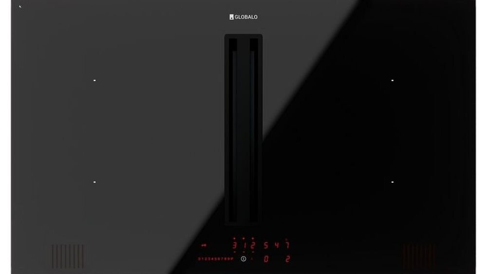Płyta indukcyjna Globalo Plantis 90.1 Black na czarnym blacie w minimalistycznej kuchni cicha praca wydajny okap 42 dB 638 m³/h Boost wydajność pochłanianie oparów usuwanie wilgoci ochrona mebli tłuszcz kuchnia