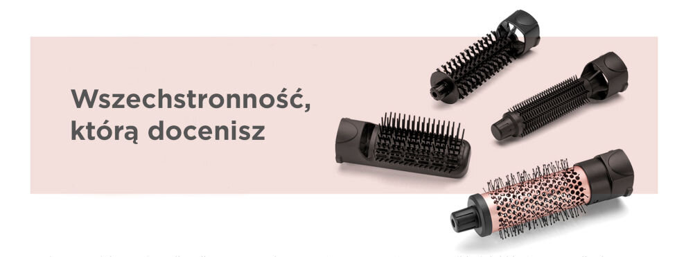 Suszarko-lokówka BABYLISS AS122E możliwość wykorzystania 4 nasadek ogromne możliwości szczotka termiczna średnica 38 mm dodawanie objętości szczotka z twardym włosiem 25 mm modelowanie krótszych włosów szczotka z miękkim włosiem 20 mm nadawanie kształtu wygładzenie szczotka prostująca wykończenie kazdej fryzury doskonały efekt