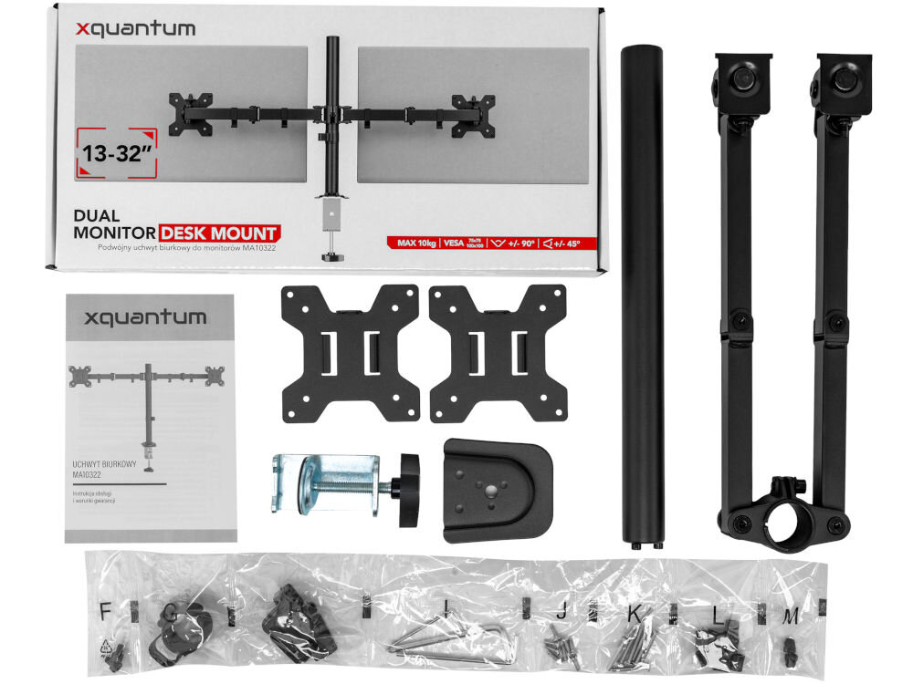 Uchwyt XQUANTUM MA10322 Zestaw montażowy uchwytu biurkowego xquantum do jednego monitora rozłożony na białym tle. Zawiera pudełko, instrukcję, ramię, pionowy słup, zacisk biurkowy, płytkę VESA oraz woreczki z akcesoriami montażowymi.