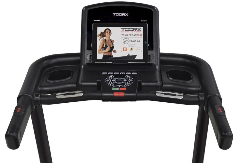 Bieżnia elektryczna TOORX Experience Plus AC glosniki Bluetooth wbudowana aplikacja iConsole+ uchwyt na tablet lub smartfon kompatybilna z aplikacjami KINOMAP ZWIFT uchwyt na bidon