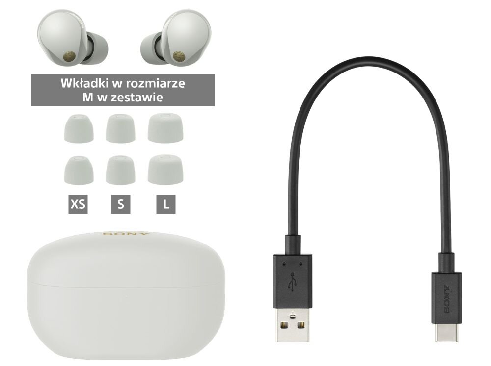 Słuchawki dokanałowe SONY WF1000XM5B.CE7 dźwięk moc łączność szumy redukcja szumów hałas głośność zakres częstotliwość waga zasilanie ładowanie złącze port wtyczka działanie etui smartfon sterowanie wygoda muzyka