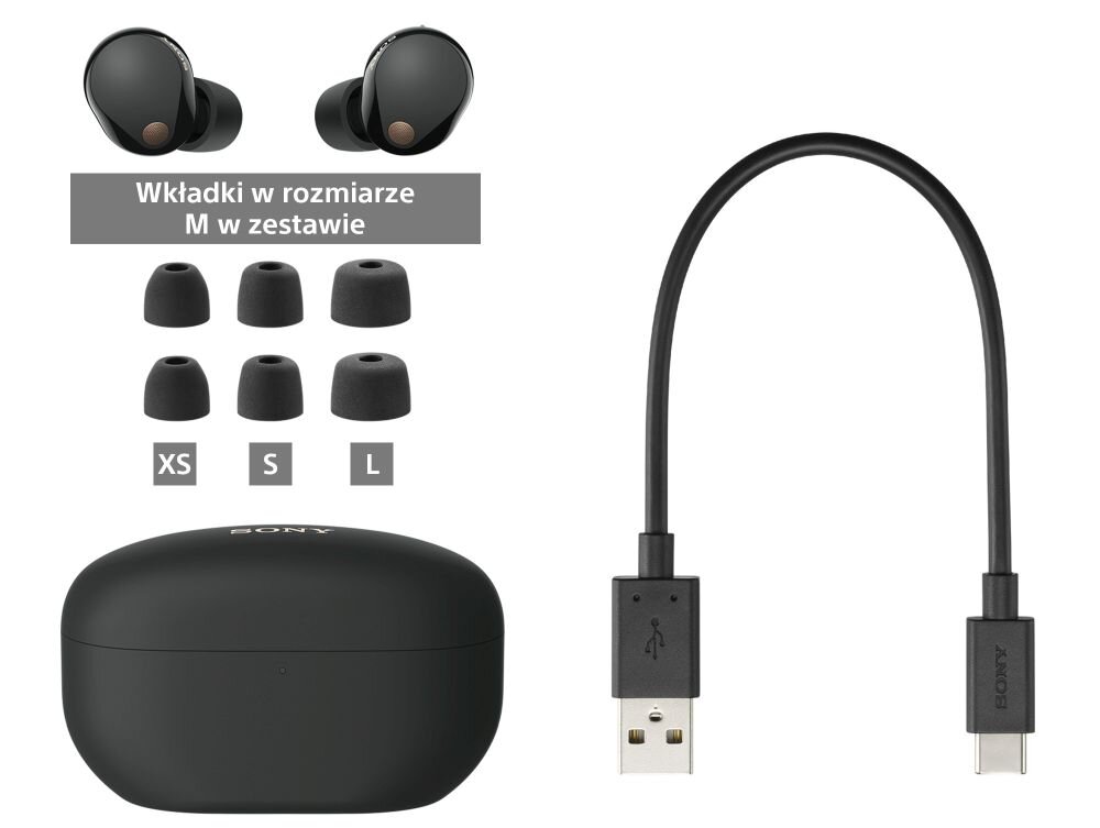 Słuchawki dokanałowe SONY WF1000XM5B.CE7 dźwięk moc łączność szumy redukcja szumów hałas głośność zakres częstotliwość waga zasilanie ładowanie złącze port wtyczka działanie etui smartfon sterowanie wygoda muzyka