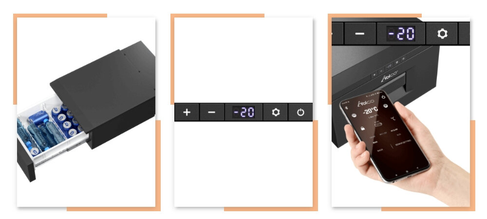 Lodowka YOLCO CB30 zalety atuty nadajnik Bluetooth 5.0. panel sterowania z czytelnym ekranem wewnetrzne przegrody szuflady
