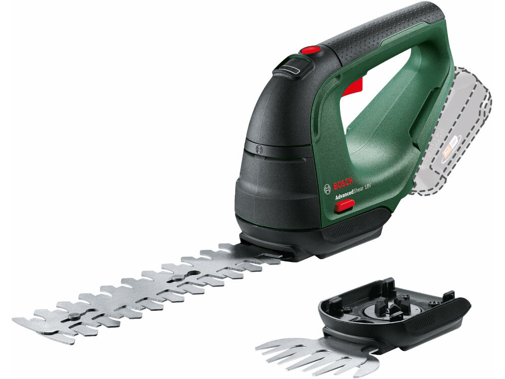Nożyce do żywopłotu BOSCH AdvancedShear akumulatorowe + Zestaw startowy 18V 2.5 Ah do drobnych kosmetycznych poprawek w ogrodzie do pielęgnacji trawnika przycinania żywopłotu dwa ostrze o różnym przeznaczeniu zwarta konstrukcja