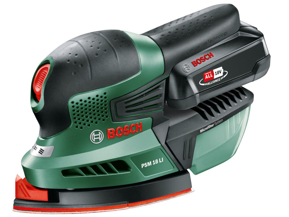 Szlifierka oscylacyjna BOSCH PSM 18 LI 06033A1321 + Zestaw startowy 18V 2.5 Ah niewielkie rozmiary  łatwa intuicyjna obsługa szlifowanie w trudno dostępnych miejscach
