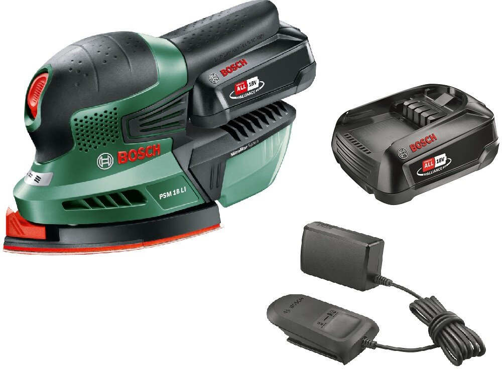 Szlifierka oscylacyjna BOSCH PSM 18 LI 06033A1321 + Zestaw startowy 18V 2.5 Ah zestaw 3 arkusze papieru ściernego akumulator ładowarka instrukcja obsługi w języku polskim karta gwarancyjna