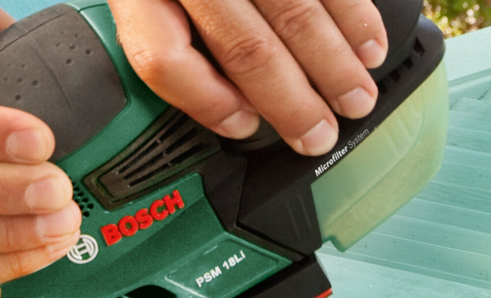 Szlifierka oscylacyjna BOSCH PSM 18 LI 06033A1321 + Zestaw startowy 18V 2.5 Ah pojemnik na pył mikrofiltr zdejmowany