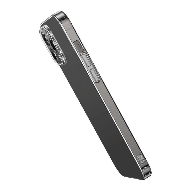 Przeźroczyste etui na telefon z widocznymi przyciskami bocznymi i wycięciem na aparat. Etui jest dopasowane do kształtu telefonu.