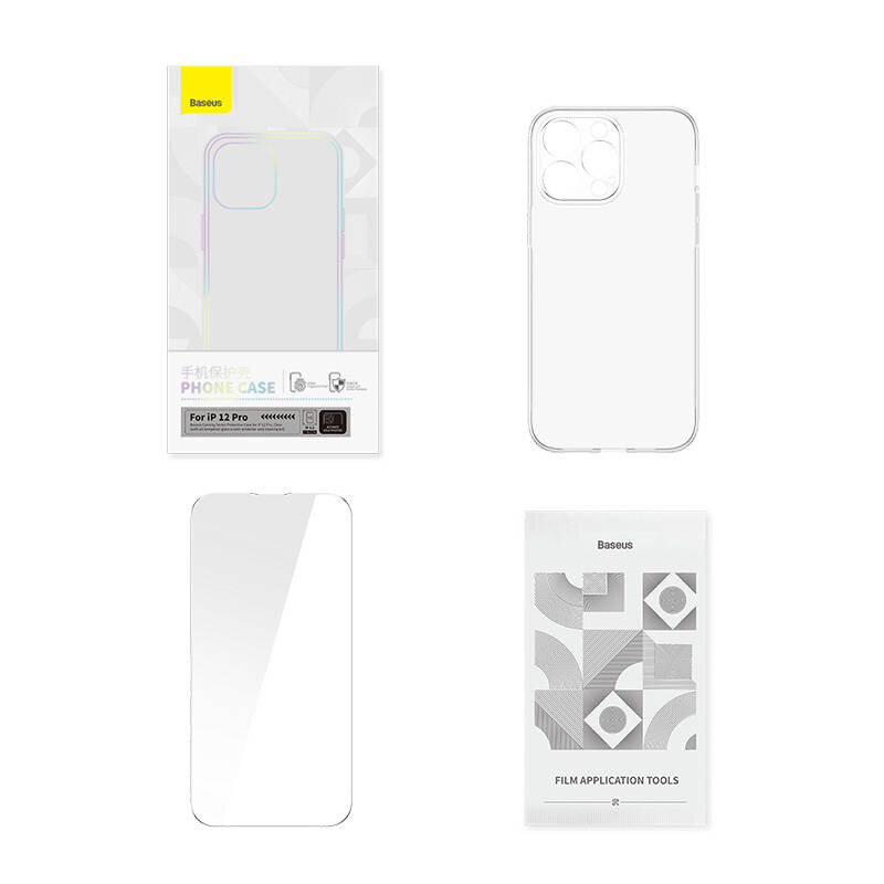 Obraz przedstawia zestaw ochronny składający się z przezroczystego etui i szkła hartowanego do iPhone 12 Pro. Na opakowaniu widnieje logo \'Baseus\' oraz napis \'PHONE CASE For iP 12 Pro\'.