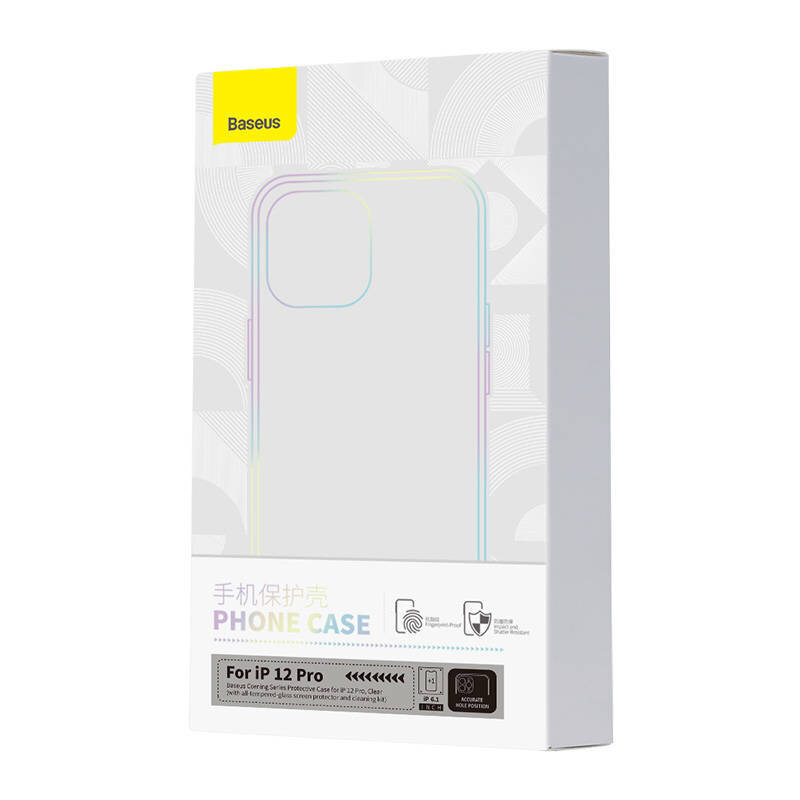 Opakowanie produktu z napisem \'Baseus\' na żółtym tle oraz \'PHONE CASE\' poniżej. Widoczny jest również tekst \'For iP 12 Pro\' oraz ikony symbolizujące funkcje etui.