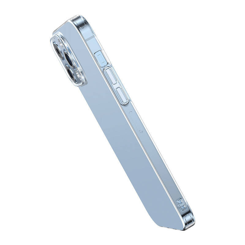 Przeźroczyste etui na telefon z widocznymi przyciskami bocznymi i otworami na aparat. Etui jest dopasowane do kształtu telefonu, ukazując jego metaliczne wykończenie.