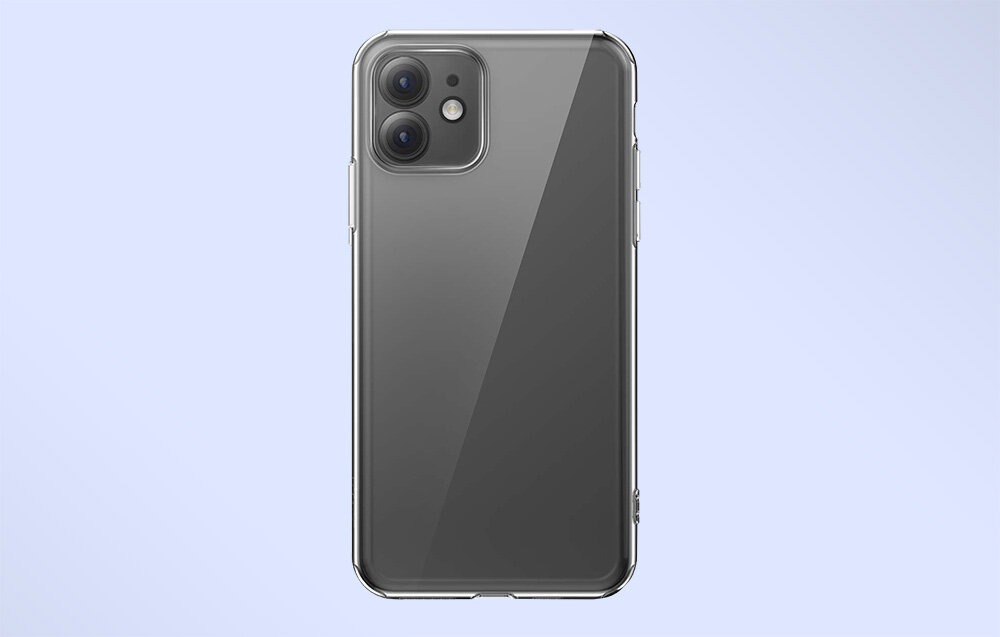 Przeźroczyste etui na telefon z widocznymi wycięciami na aparat i przyciski. Etui jest dopasowane do kształtu telefonu.