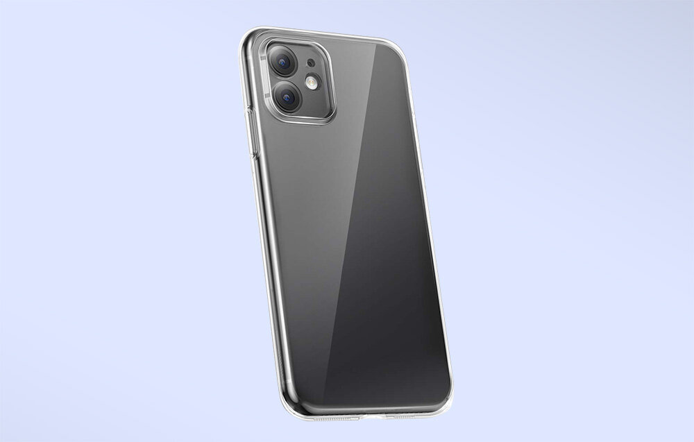 Przeźroczyste etui na smartfon z widocznymi wycięciami na aparat i przyciski, umieszczone na jasnym tle.