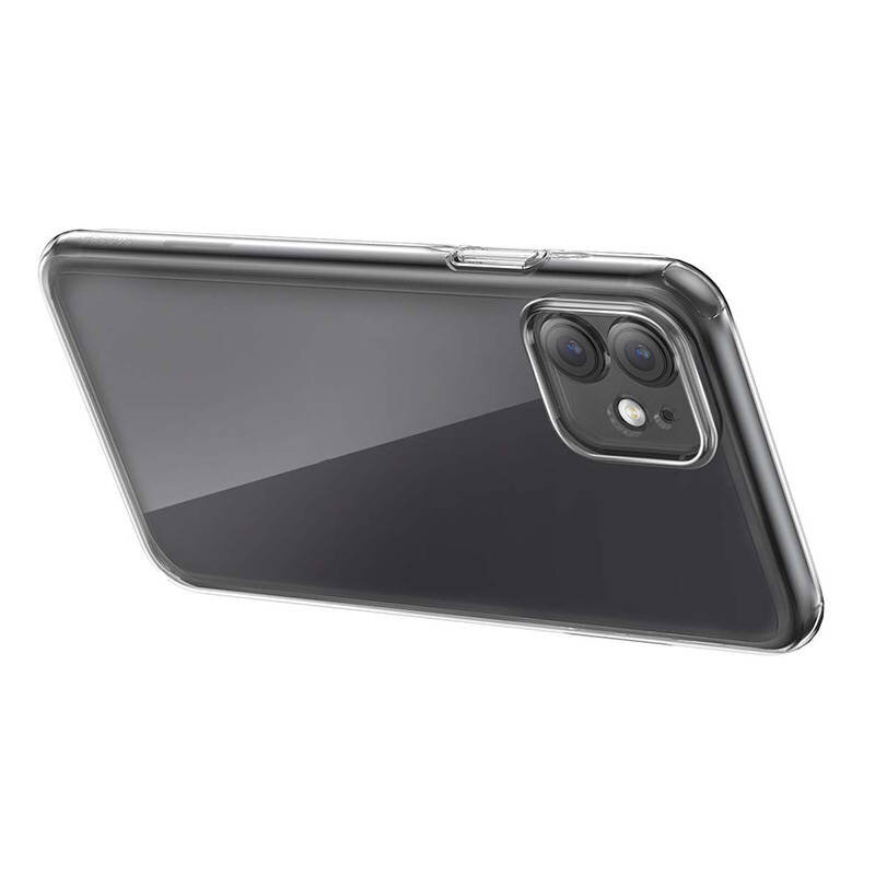 Przeźroczyste etui na telefon z widocznymi wycięciami na aparat i przyciski. Telefon w etui ma dwa obiektywy aparatu i lampę błyskową.