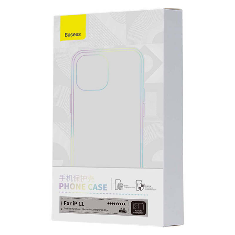 Opakowanie z przezroczystym etui na telefon z widocznym logo \'Baseus\' w żółtym polu. Na opakowaniu znajduje się napis \'PHONE CASE\' oraz informacja \'For iP 11\'.