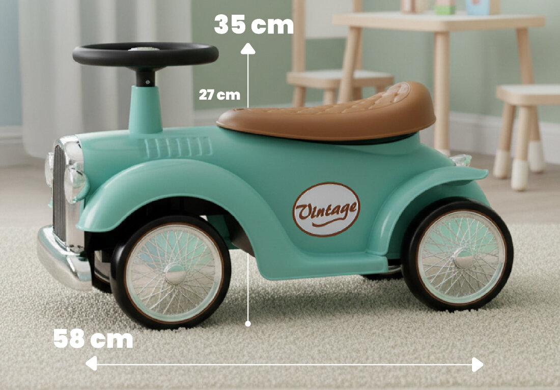 Miętowy jeździk w stylu retro z brązowym siedzeniem i czarną kierownicą. Na boku widoczny jest napis \'1930 CLASSIC\'. Miętowy