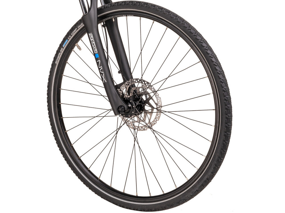 Rower crossowy INDIANA X-Cross 4.0 M19 męski Czarny koła 28-calowe wąskie opony marki SCHWALBE głębki bieżnik na średnio wymagający teren regularne sprawdzanie ciśnienia powietrza wartość na bocznej części opony