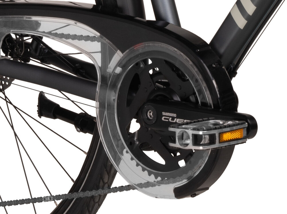 Rower trekkingowy INDIANA X-Road 5.0 D17 28 cali damski Grafitowy korba SSHIMANO FC-U4010-2 efektywne przenoszenie mocy przez pedaly solidny wytrzyma bardzo duzy nacisk na pedaly lancuch oslona ochrona przed brudem