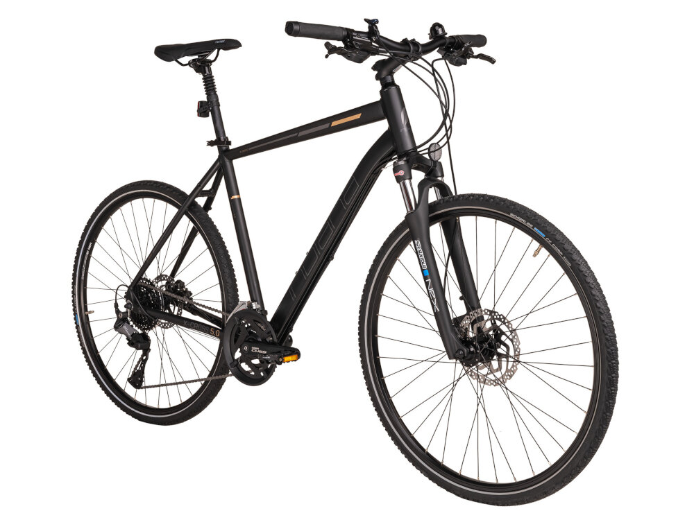 Rower crossowy IINDIANA X-Cross 5.0 M22 męski Czarny kola rozmiar 28 cali latwiej pokonac rozne przeszkody waskie opony marki SCHWALBE glebszy bieznik regularne sprawdzanie cisnienia powietrza wartosc na bocznej czesci opony