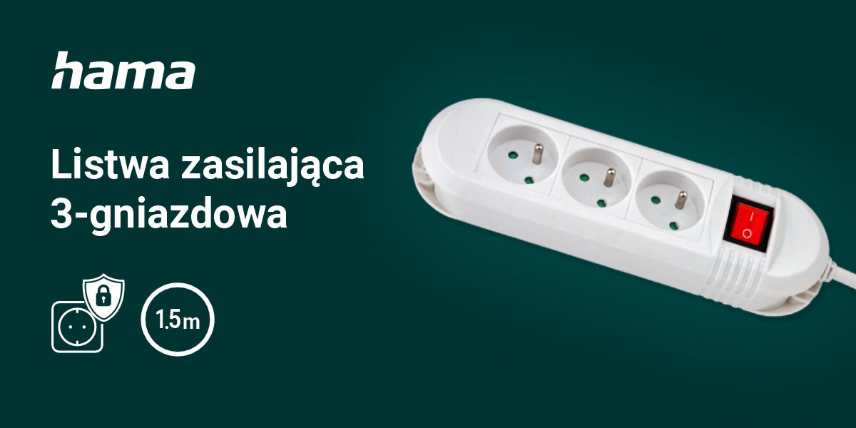 Listwa HAMA Comfort 3GN 1.5 m Biały
wygodne zasilanie urządzeń, zielone tło, produkt, logo producenta, biały napis listwa zasilająca 3-gniazdowa
