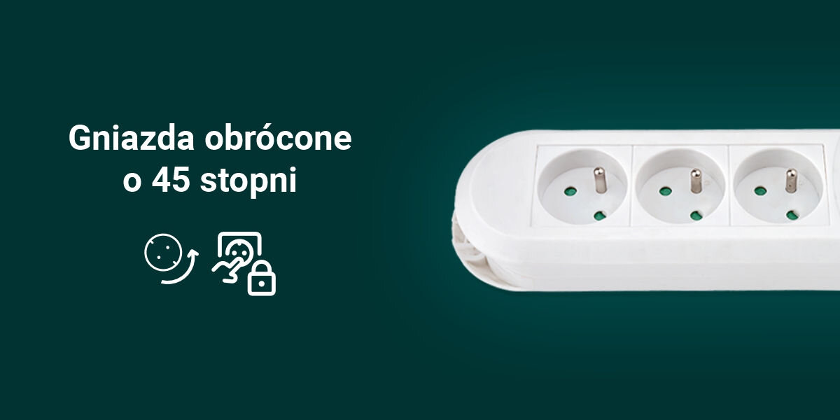 Listwa HAMA Comfort 3GN 1.5 m Biały
przemyślany układ gniazd, trzy gniazda typu E, umieszczone pod kątem 45 stopni, praktyczne rozwiązanie,
zabezpieczenie styków
zielone tło, biały napis Gniazda obrócone o 45 stopni, produkt