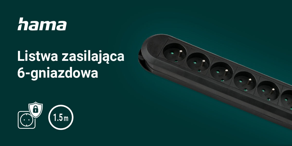 Listwa HAMA Comfort 6GN 1.5 m Czarny
wygodne zasilanie urządzeń, zielone tło, produkt, logo producenta, biały napis listwa zasilająca 6-gniazdowa