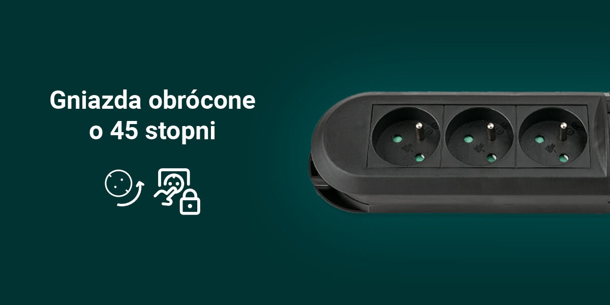Listwa HAMA Comfort 6GN 1.5 m Czarny
przemyślany układ gniazd, sześć gniazd typu E, umieszczonych pod kątem 45 stopni, praktyczne rozwiązanie,
zabezpieczenie styków
zielone tło, biały napis Gniazda obrócone o 45 stopni, produkt