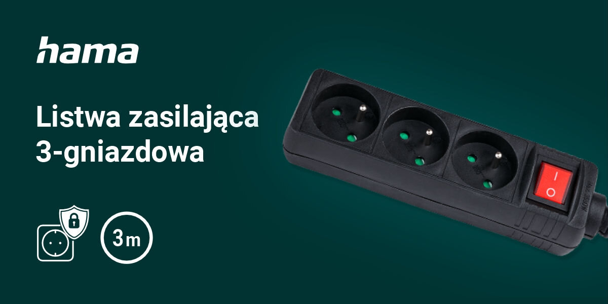 Listwa HAMA Standard 3GN 3 m Czarny
wygodne zasilanie urządzeń, zielone tło, produkt, logo producenta, biały napis listwa zasilająca 6-gniazdowa